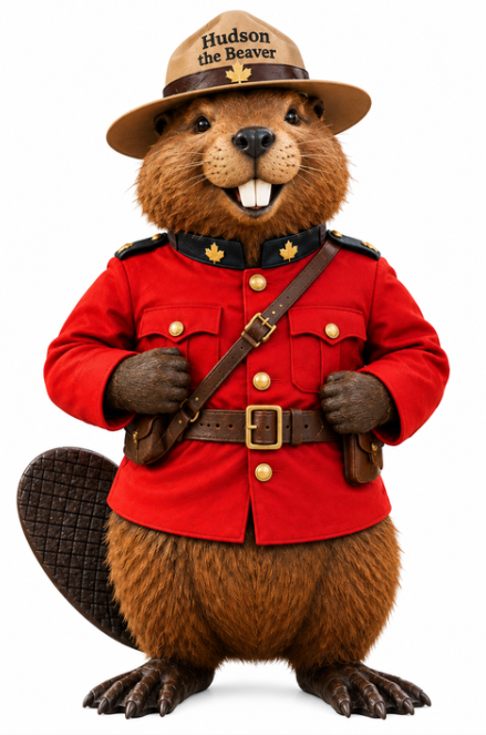 Hudson the Beaver in full RCMP red serge uniform