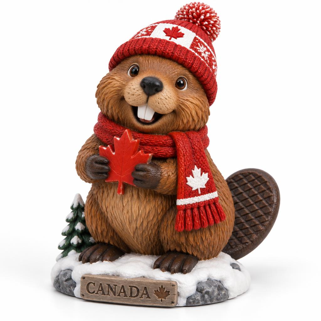 Teaser of Hudson the Beaver figurine wearing a red winter toque and scarf